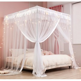 Mengersi 4 Corners Post Canopy Bed Curtains for Girls Kids Adults Queen Size- Cute Cozy Drape Square Netting - 4 Opening Mosquito Net - Princess Bedroom Decoration Gift
