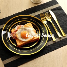 ROCOHANTI 200 PCS Black and Gold Plastic Plates, Disposable Party Black Plates Include 100 Dinner Plate and 100 Dessert Plate Perfect for Holiday, Birthday, Graduation, Wedding & Party