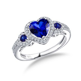 RANDES Blue Sapphire Engagement Ring 925 Sterling Silver Created Gemstone Heart Ring Anniversary Promise Rings for Women Size 9