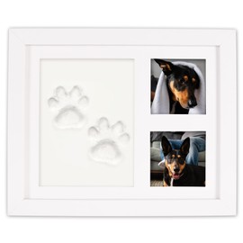 Pet Paw Print Photo Frame Kit with Clay - Dog & Cat Paw Print Keepsake Frame, DIY No Mess Paw Print Kit, Pet Memorial Photo Frame with Paw Print Impression, Pet Lover Gift, White Wooden Frame