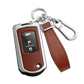 ontto Metal Car Key fob Cover Fit for Mazda 2 3 5 6 CX7 CX9 M6 RX8 MX5 Miata Speed 3 MPV 2/3 Buttons Leather Flip Key case Shell Key Holder Bag Keyring Keychain Protector Accessories Silver-Brown