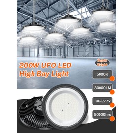 LONGLUX 200W UFO LED High Bay Light High Brightness 150lm/w 100-277V 5000K US Plug and Play LED High Bay Shop Lights for Garage, Warehouse,Workshop,Factory,ect. 1Pack