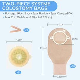 22 PCS Ostomy Supplies Colostomy Bags, 2 Piece Clamp Drainable Pouches for Colostomy Ileostomy Stoma Care, Cut-to-Fit, 70 mm Max (16 x Ostomy Bags+ 6 x Barriers+3 x Clamps)