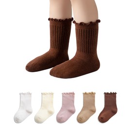 Funjoon 6M-5T Baby Toddler Little Girls Cute Ruffle Socks Cotton Toddler White Frilly Dress Kids Crew Socks 5 Pack, Brown Mix 1-3T