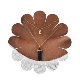 Allereya Vintage Layered Onyx Hexagon Pendant Necklace Crescent Moon Necklace Gold Moon Choker Necklace Black Onyx Choker Necklace Jewellery for Women and Girls, Zinc, No Gemstone