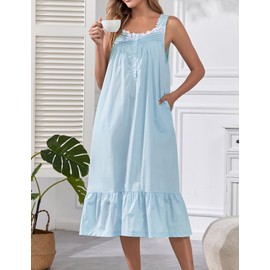 Viakeo 100% Cotton Nightgowns For Women Sleeveless Night Gown Long Sleep Dress With Pockets Lake Blue