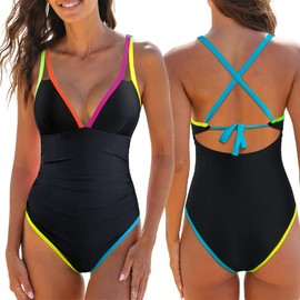 AUTOWT Bañador de Una Pieza para Mujer, Traje de Baño con Bloques Color, Control Abdomen y Fruncido, Sujetador Incorporado y Escote Halter en V Profundo para Surf Buceo Natación Vacaciones