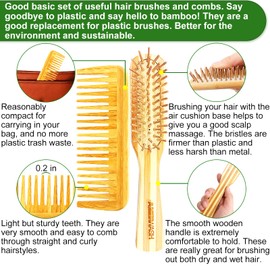 Bamboo Detangling Hairbrush and Wide Tooth Comb Set - Promotes Hair Growth, for Women, Men, Thick, Thin, Curly, Dry Hair - Cleaner Included