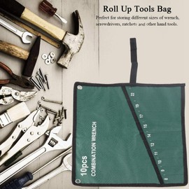 QANYEGN Canvas Wrench Set Bag, Wrench Roll Pouch, Multi Pocket Spanner Wrench Storage, Tool Combination Wrench Pouch, Tool Carrying Case (10 Pockets)