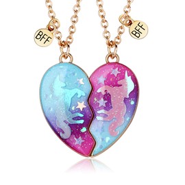 2PCS BFF Necklaces for Girls, Unicorn Starry Night Best Friends Matching Necklaces, Friendship Magnetic Heart Pendant Necklaces, Birthday Valentine Jewelry Gift for Women Girls Mother Sisters Friends