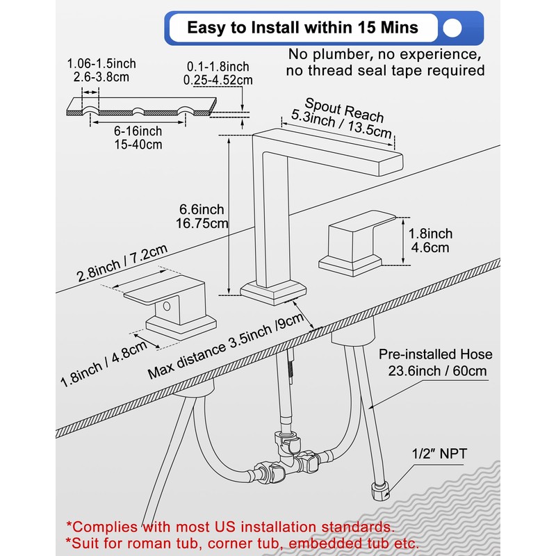 HEYMYTAP Chrome High Flow Roman Tub Faucet Set 3 Hole,
