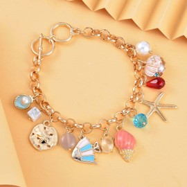 TJC Oceanic Charm Bracelet - White Howlite, White Shell Pearl, Multi-Colour Austrian Crystal - Enamelled Charms - Yellow Gold Tone - Size 7.5 - Toggle Clasp - Playful Design
