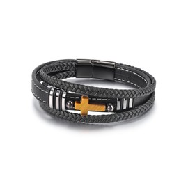 PiercingJak Men's Bracelet Natural Stone Beads Leather Braided Genuine Leather with Ball Cross Tiger Eye Stone Bangle Fashion Charm Jewellery Birthday Gifts for Men Dad Husband, Leather Stone