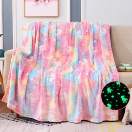 Cloele Glow in The Dark Blanket - Rainbow Unicorns Gift Toddler Girls Toys for 3-10 Year Old Girls 50 x 60 Soft Flannel Fleece Blanket - Luminous Birthday Christmas Blanket for Kids