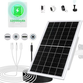 8W Solar Panel Built-in with 12000mAh Battery for Security Camera Outdoor, 4in1 Plug Charger Panel for Ring/Eufy/Wyze Battery cam, Support Emergency Power for Camping Hiking Lights, Phones, Tablet PC