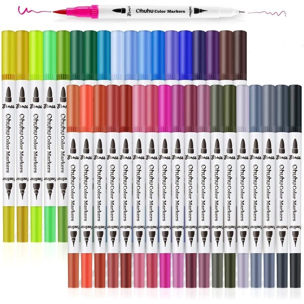 36 Color Brush Markers for Adult Coloring, Ohuhu Dual Tip Marker Pen for Kids Coloring Book Fineliner Pens, Water Based Drawing Marker for Calligraphy Sketching Bullet Journal for New Year Gift
