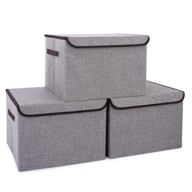 Bagnizer Bagnizer Large 17" 42 Quarts Collapsible Stackable Storage Bins with Lids [3-Pack] Foldable Fabric Linen Storage Boxes Cube, Closet Organizer Baskets with Label for Home (16.7 x 12 x 12, Gray)