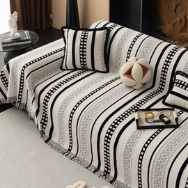 MDSASFD Striped Couch Cover Blankets, Boho Couch Covers, Sofa Blanket Cover for Dogs, Large Couch Covers for 2-3 Cusions Sofas, Chenille Sofa Covers Washable Sectional(1pc/Black/71 x 134")