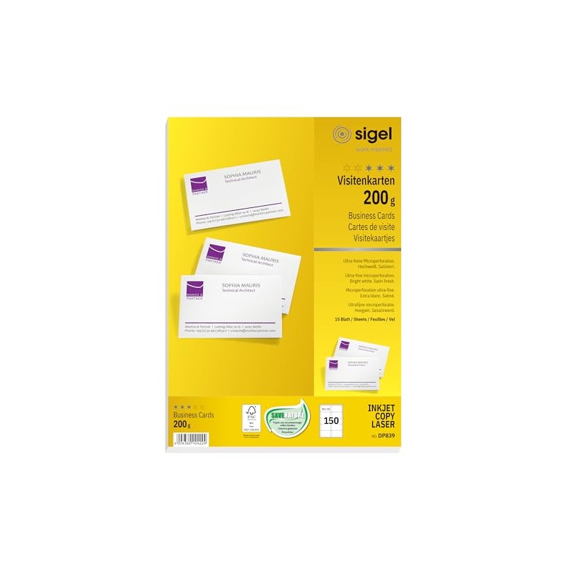 Sigel DP839 business cards, microperforated, white, 200 gsm, 150 pcs.=15