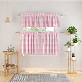 NATUS WEAVER 3 Pc Cotton Classic Country Farmhouse Kitchen Window Curtain -Pink & White Buffalo Check Tier & Valance Set, 54" x 18" / 27" x 36"