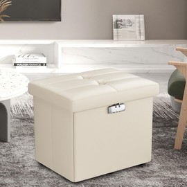 Tamfile Small Ottoman with Storage, 17 x 13 x 13 inch Fireproof Safe Folding Ottoman with Lock for Important Documents, Waterproof Foot Rest Stool with Storage, Ottoman Foot Rest with Handle, Beige
