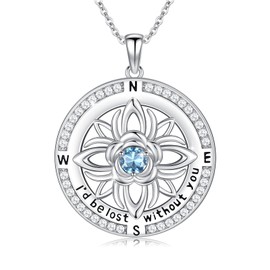 Compass Necklace for Women 925 Sterling Silver Marcha Birthstone Aquamarinet Compass Pendant Necklace Nautical Compass Jewelry for Her Valentine's Day Mother's Day Gifts for Wife Mom Girlfriend