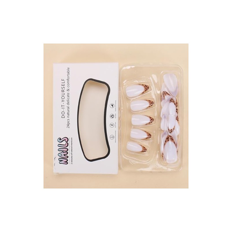 Hkanlre Uñas Postizas Con Estampado De Leopardo, Almendradas, Blancas, Estilo