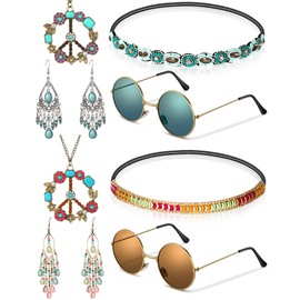 Kenning 8 Pcs Hippie Costume Set 60s 70s Party Accessories Hippie Set Including Round Sunglasses Elastic Rhinestone Headband(Delicate,Multicolored)