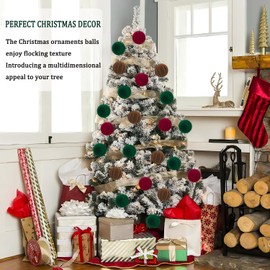 Miaikoe 16 Pcs Velvet Christmas Balls Hanging Ornaments Set, Pre-tied Shatterproof Plastic Flocked Christmas Balls Xmas Decorations Festival Holiday Party Decor (Brown,Red,Green,6CM)