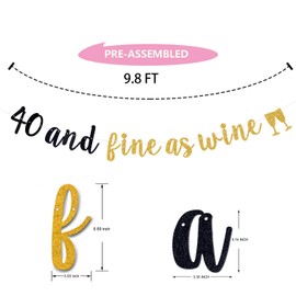 40 and Fine As Wine Banner,40 & Fabulous/40 Year Loved/Aged to Perfection,Cheers to Forty Years Old Black & Gold Glitter Supplies for Men and Women.(Pre-Strung)