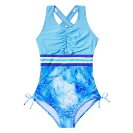BFUSTYLE Bathing Suit for Girls Blue Marble Swimwear 8-9 Years Swimsuit Size 8 One Piece Swim Suit