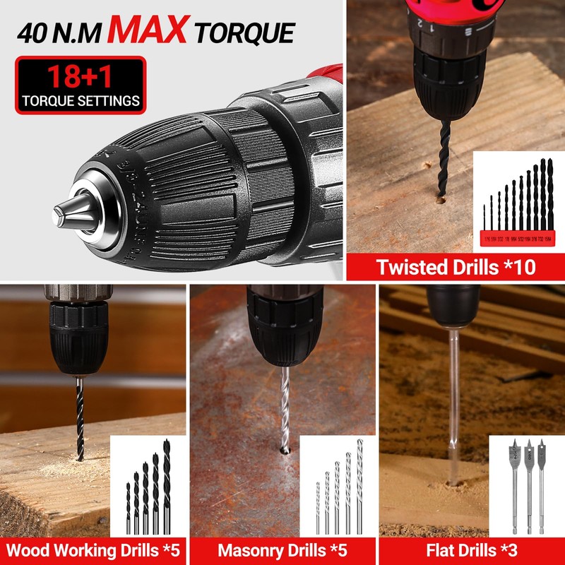 Red Drill Tool Kit Set: 20V Cordless Power Drill Tool