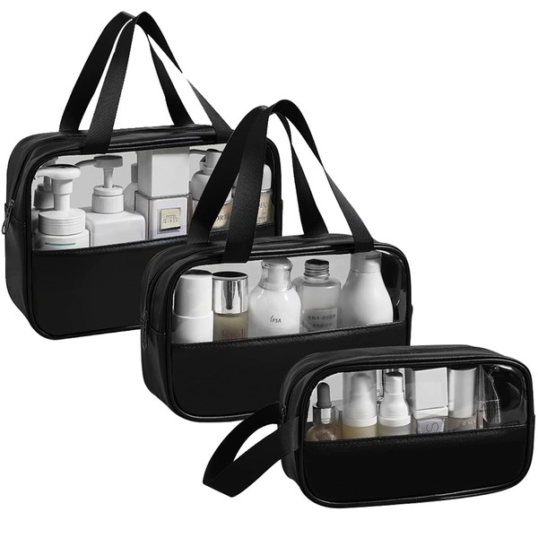 Mikytoper Transparent Toiletry Bag, Pack of 3, PVC Waterproof Splicing Cosmetic Bag, Large Capacity Handheld Makeup Bag, Travel Makeup Bags for Men and Women, black, Modern seams