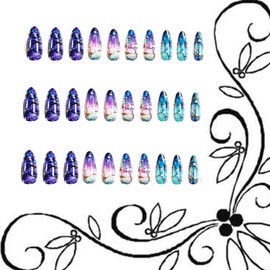 TBRZTR Almond Tip Press on Nails Long Length Colorful Smudge False Nails Gold Foil Lines Design Full Cover Glossy Handmade Acrylic Artificial Fingernails Reusable Glue on Nails for Women 24Pcs
