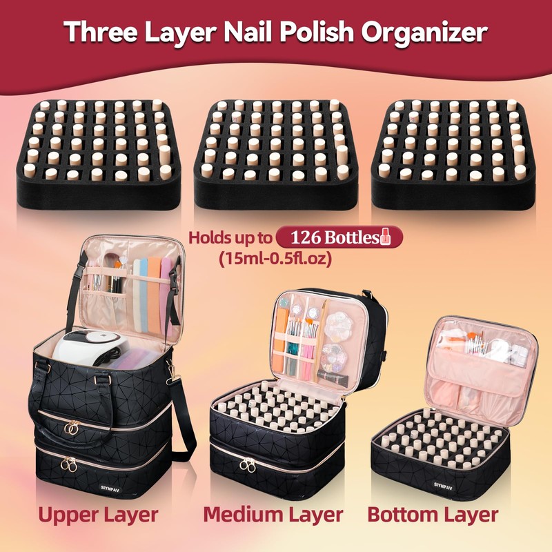 SIYNPAV Nail Polish Organizer Bag Holds 126 Bottles (15ml/0.5fl.oz)& Nail