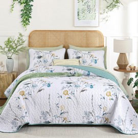 WONGS BEDDING Teal Floral Quilt Set Queen Size, 3 Pieces Botanical Plants Pattern Bedspread Coverlet Set with 2 Pillowcases, Soft Lightweight Microfiber Bedding Set for All Season(96"×90")