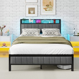 JUISSANO Full Size Bed Frames with Charging Station and LED Lights, Upholstered Headboard with Storage Shelves, Heavy Duty Metal Slats, No Box Spring Needed, Noise Free, Easy Assembly, Dark Grey