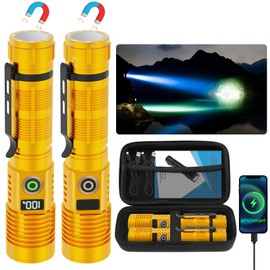 Spriak Rechargeable Flashlight High Lumens-Super Bright Magnetic Flash Light with Power Digital Display, Long Range,Dimmable,Waterproof,Pocket LED Flashlights for Emergency Camping 2PC Gold