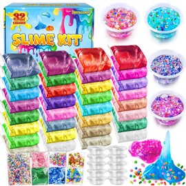 32 Pack DIY Slime Kit, Slime Making Kit for Girls, Crystal Clear Slime, Premade Slime with Add-ins, Foam Balls, Glitters, Slime Party Favors Gift Toys for Kids 3-12