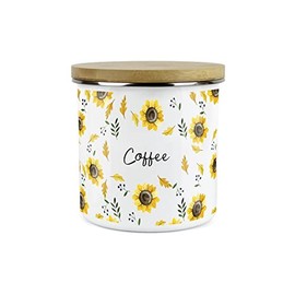 Purely Home Yellow Sunflowers Coffee Storage Canister - White Metal Enamel Kitchen Food Storage Container