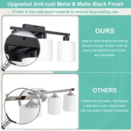 Dekang Black Bathroom Light Fixtures Over Mirror, Rustproof Vanity Lights for Bathroom, Modern 3-Light Wall Sconces for Living Room, Milky White Glass Shades, Standard E26 Base, Bulbs Not Included