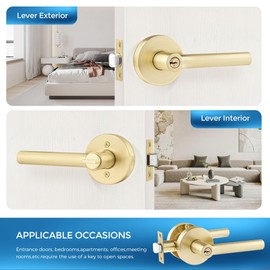 Leydebong 4 Pack Exterior Entrance Door Lever Door Lock One Keyway Entry Keyed Alike Same Key Door Lockset in Satin Brass Reversible for Left or Right Handles