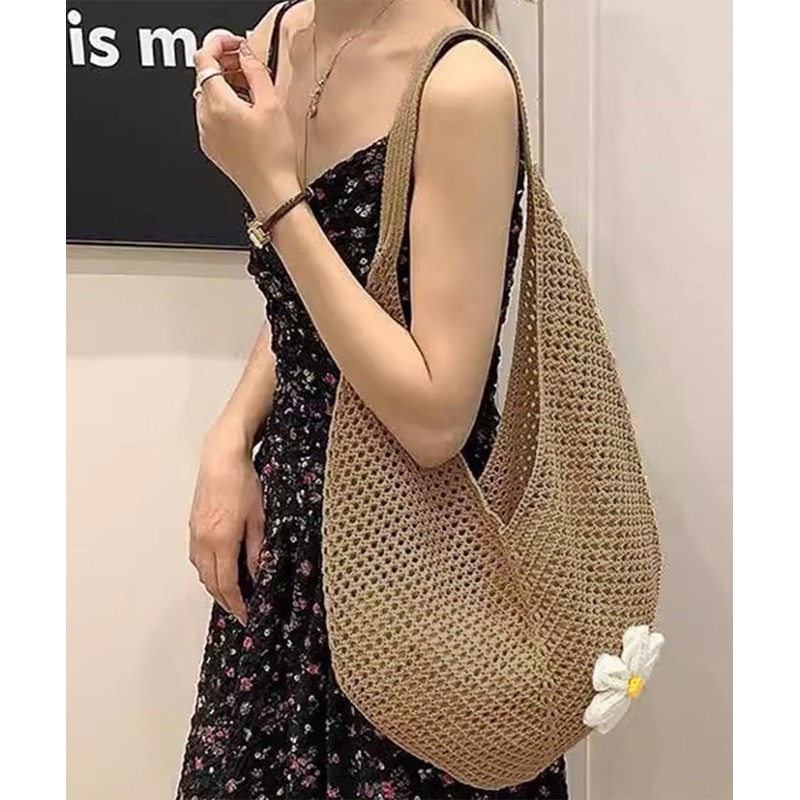 [miniministore] トートバッグ花モチーフ付き編みバッグ軽量（ブルー，ワンサイズ）