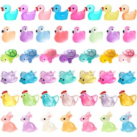 Garedeko Mini Resin Animals 50 Pack Mini Ducks Flamingos Turtles Rabbits Chicken Sting Ray Tiny Ducks Little Animals Figures to Hide Small Plastic Ducks Glow in The Dark Statues Easter Gifts Pink
