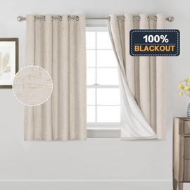 PrinceDeco Primitive Textured Linen 100% Blackout Curtains for Bedroom/Living Room Energy Saving Window Treatment Curtain Drapes, Burlap Fabric with White Thermal Insulated Liner (52 x 54in, Natural)