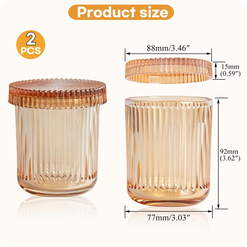 PENCK 2 Pack Ribbed Glass Qtip Holder with Lid, Amber