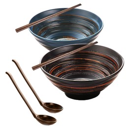 Aegistus 2 Pcs Ceramic Ramen Bowls, with Matching Spoons & Chopsticks, 35 oz Large Japanese Style Serving Bowls for Salad,Udon, Soba, Pho Pasta, Asian Soup Noodle,Suitable as Housewarming Gifts