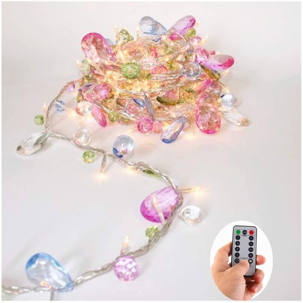 [updated version] Indoor House String lights-Bohemia style String with Jewels-Colorful Jewels LED Fairy Christmas Lights-Battery Powered-8 Mode- Remote-Timer,30 Warm White LED Gift Lights for Girl