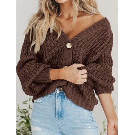 PRETTYGARDEN Women's Long Sleeve Plain Button Down Sweater Classic V-Neck Knit Cardigan Open Loose Outwear Coats (Brown,Small)