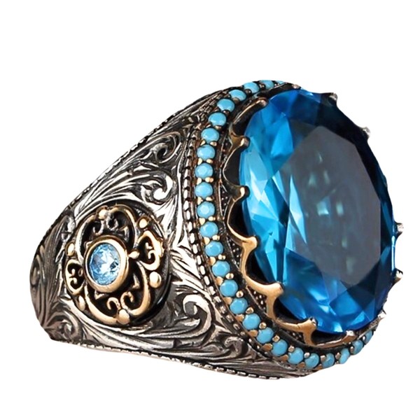 Handmade 925 Sterling Silver Men Rings with Turquoise Crystal Stone